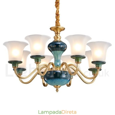 Retro Vintage Latão Cerâmica Pingente Vela Lustre com Tons de Vidro Retro Vintage Latão Cerâmica Pingente Vela Lustre com Tons de Vidro