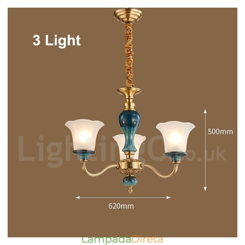 Retro Vintage Latão Cerâmica Pingente Vela Lustre com Tons de Vidro