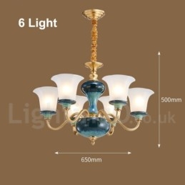 Retro Vintage Latão Cerâmica Pingente Vela Lustre com Tons de Vidro