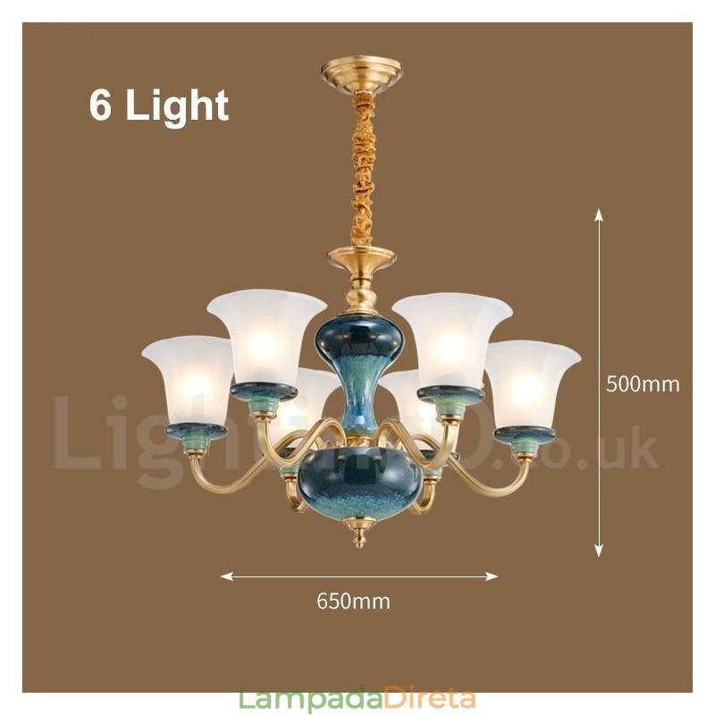 Retro Vintage Latão Cerâmica Pingente Vela Lustre com Tons de Vidro
