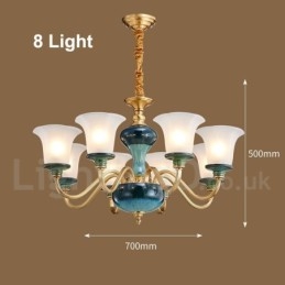 Retro Vintage Latão Cerâmica Pingente Vela Lustre com Tons de Vidro