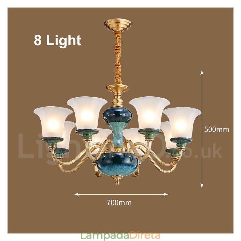Retro Vintage Latão Cerâmica Pingente Vela Lustre com Tons de Vidro