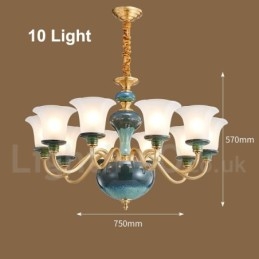 Retro Vintage Latão Cerâmica Pingente Vela Lustre com Tons de Vidro