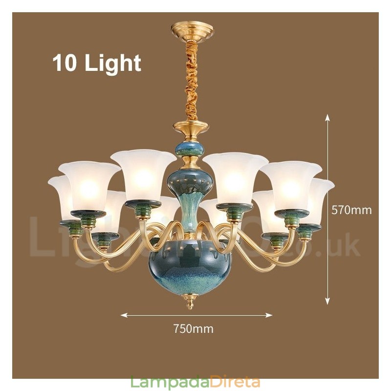 Retro Vintage Latão Cerâmica Pingente Vela Lustre com Tons de Vidro