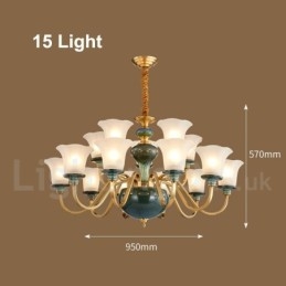 Retro Vintage Latão Cerâmica Pingente Vela Lustre com Tons de Vidro
