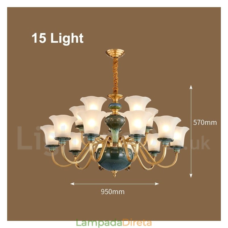 Retro Vintage Latão Cerâmica Pingente Vela Lustre com Tons de Vidro