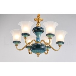 Retro Vintage Latão Cerâmica Pingente Vela Lustre com Tons de Vidro