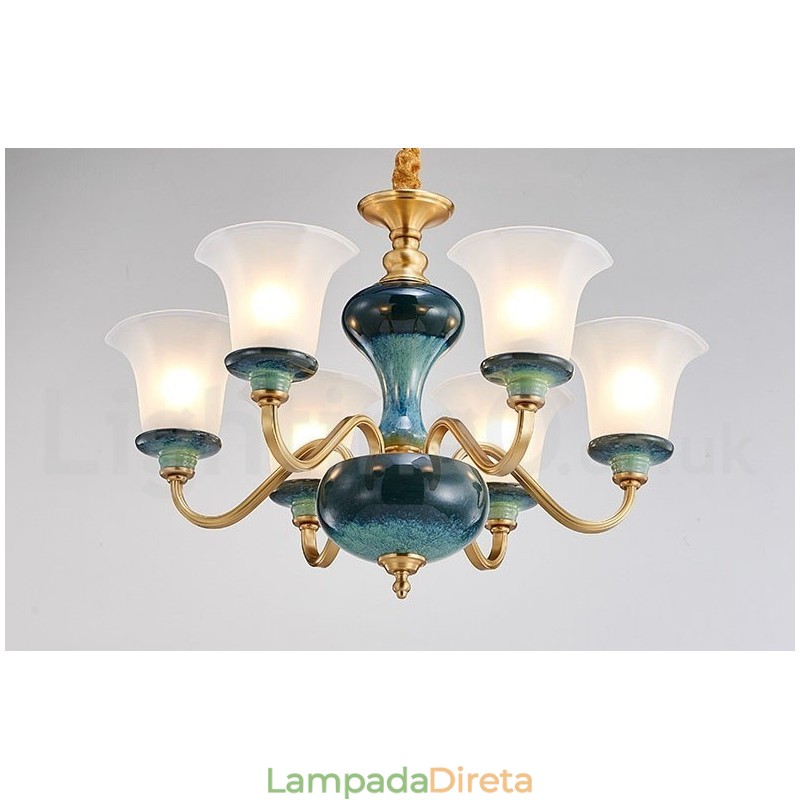 Retro Vintage Latão Cerâmica Pingente Vela Lustre com Tons de Vidro
