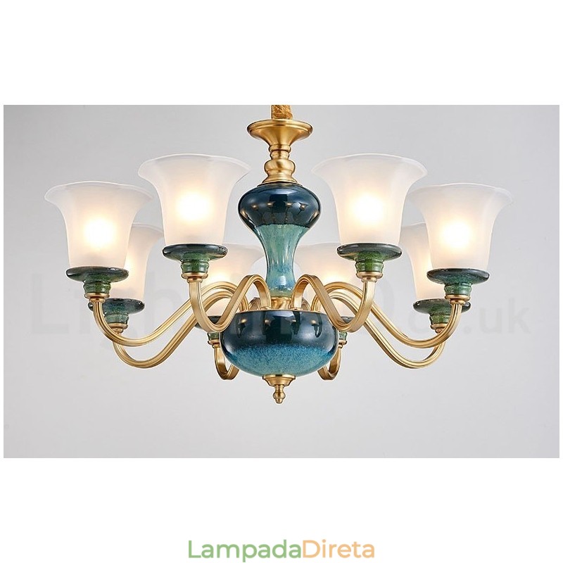 Retro Vintage Latão Cerâmica Pingente Vela Lustre com Tons de Vidro