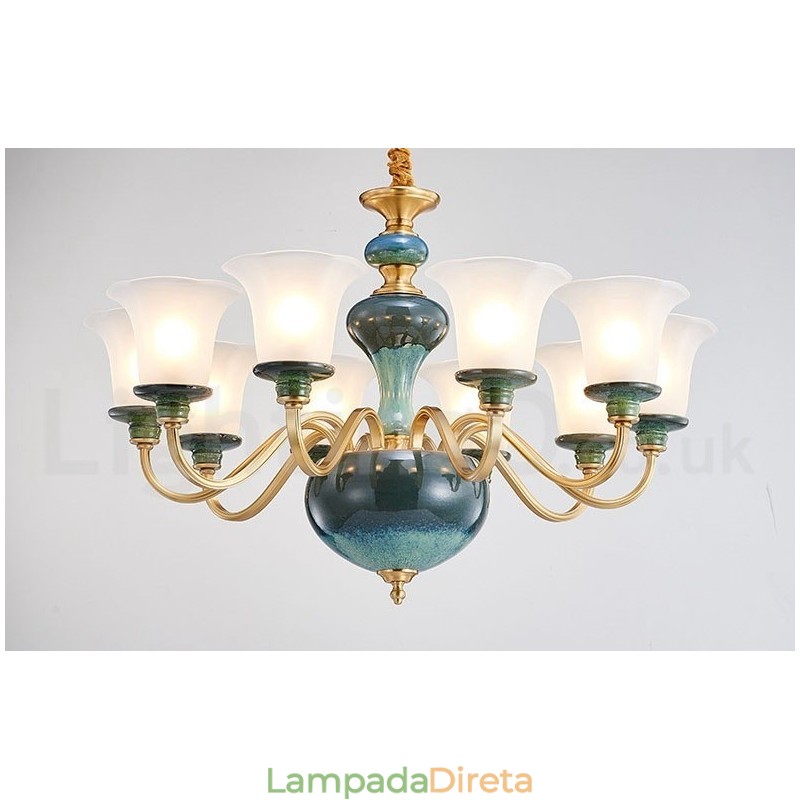 Retro Vintage Latão Cerâmica Pingente Vela Lustre com Tons de Vidro