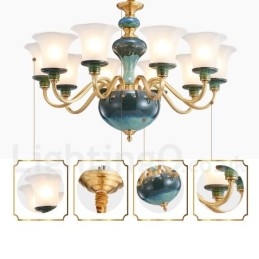 Retro Vintage Latão Cerâmica Pingente Vela Lustre com Tons de Vidro