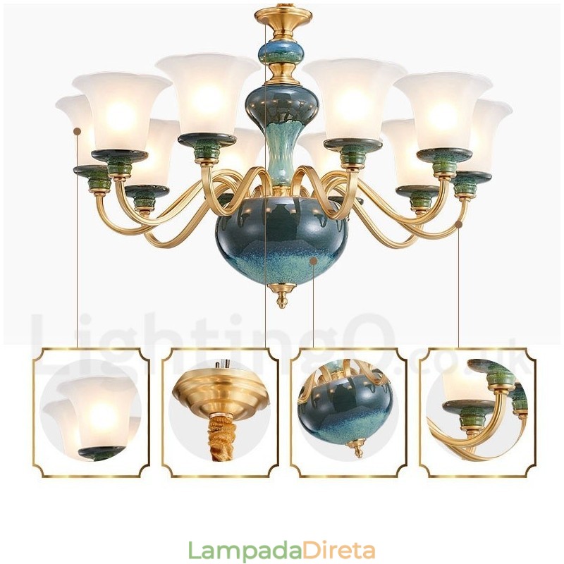 Retro Vintage Latão Cerâmica Pingente Vela Lustre com Tons de Vidro