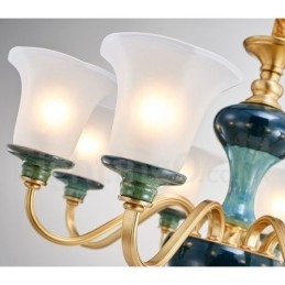 Retro Vintage Latão Cerâmica Pingente Vela Lustre com Tons de Vidro