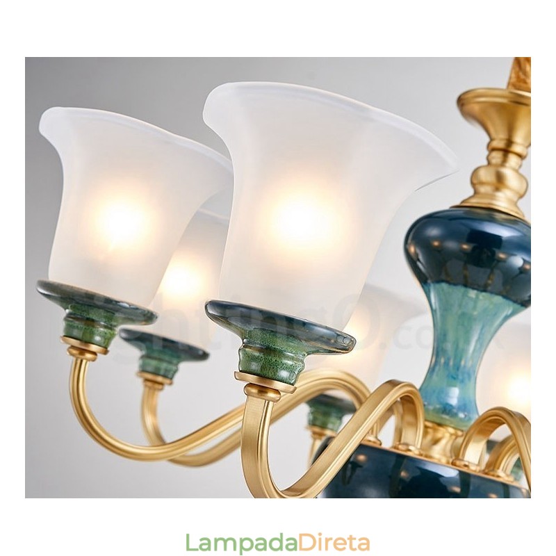 Retro Vintage Latão Cerâmica Pingente Vela Lustre com Tons de Vidro