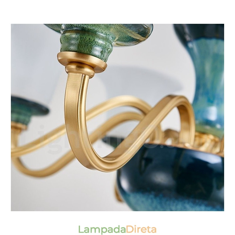 Retro Vintage Latão Cerâmica Pingente Vela Lustre com Tons de Vidro