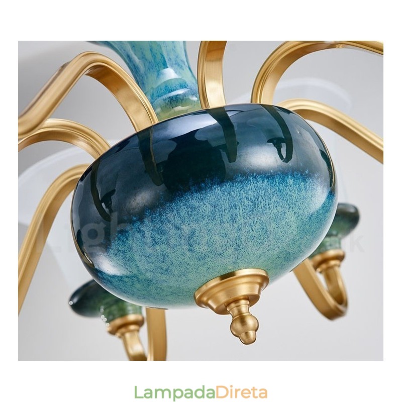 Retro Vintage Latão Cerâmica Pingente Vela Lustre com Tons de Vidro