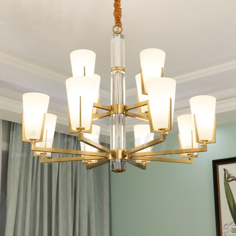 Lustre de vela pendente de cristais de latão vintage retrô com cúpulas de vidro