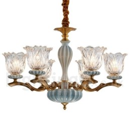 Retro Vintage Latão Cerâmica Pingente Vela Lustre com Tons de Vidro
