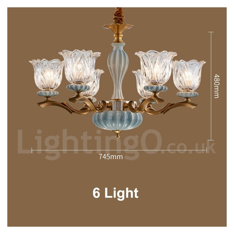 Retro Vintage Latão Cerâmica Pingente Vela Lustre com Tons de Vidro