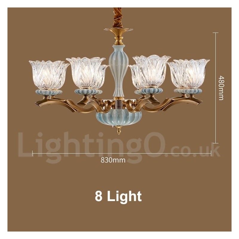 Retro Vintage Latão Cerâmica Pingente Vela Lustre com Tons de Vidro