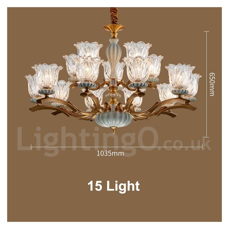 Retro Vintage Latão Cerâmica Pingente Vela Lustre com Tons de Vidro