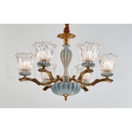 Retro Vintage Latão Cerâmica Pingente Vela Lustre com Tons de Vidro