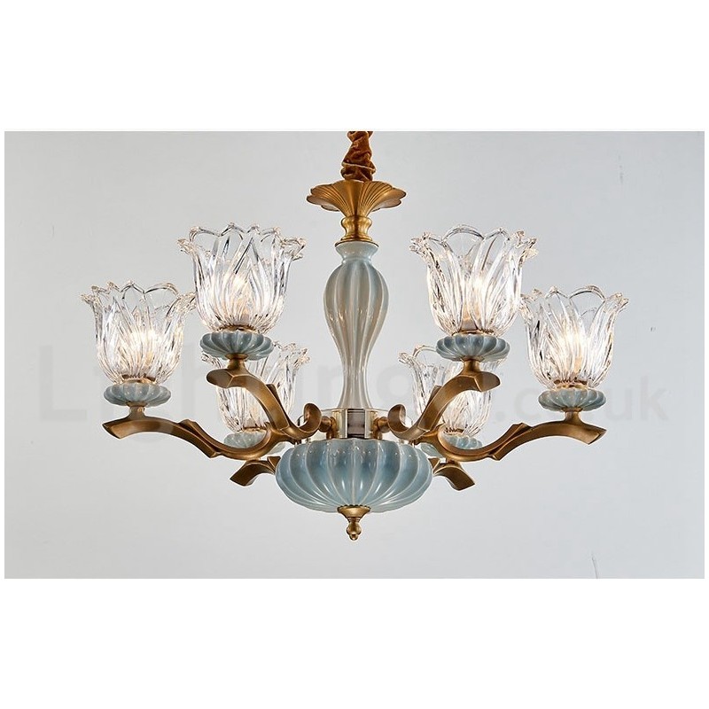 Retro Vintage Latão Cerâmica Pingente Vela Lustre com Tons de Vidro