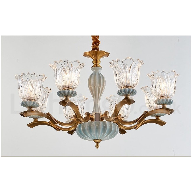 Retro Vintage Latão Cerâmica Pingente Vela Lustre com Tons de Vidro