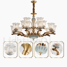Retro Vintage Latão Cerâmica Pingente Vela Lustre com Tons de Vidro