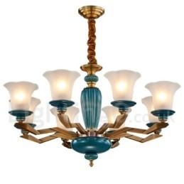 Retro Vintage Latão Cerâmica Pingente Vela Lustre com Tons de Vidro