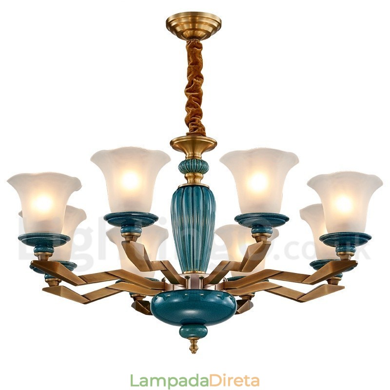 Retro Vintage Latão Cerâmica Pingente Vela Lustre com Tons de Vidro