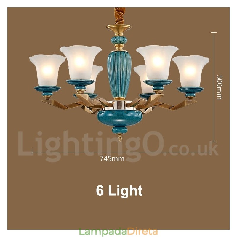 Retro Vintage Latão Cerâmica Pingente Vela Lustre com Tons de Vidro