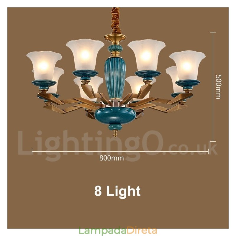 Retro Vintage Latão Cerâmica Pingente Vela Lustre com Tons de Vidro