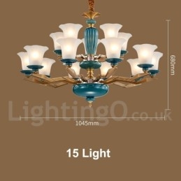 Retro Vintage Latão Cerâmica Pingente Vela Lustre com Tons de Vidro
