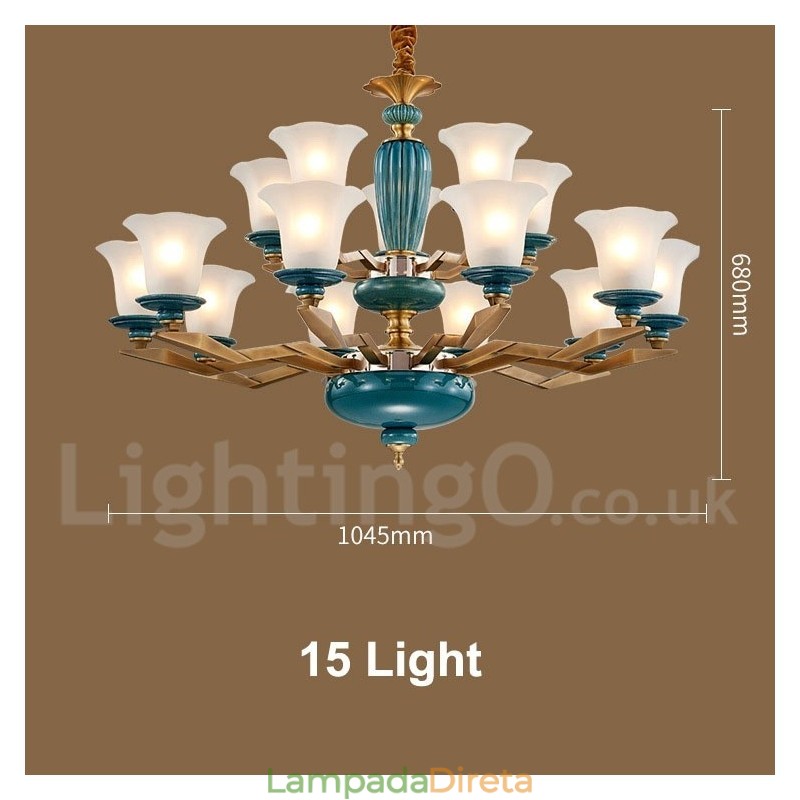 Retro Vintage Latão Cerâmica Pingente Vela Lustre com Tons de Vidro