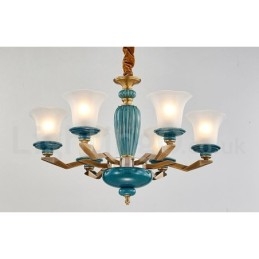 Retro Vintage Latão Cerâmica Pingente Vela Lustre com Tons de Vidro