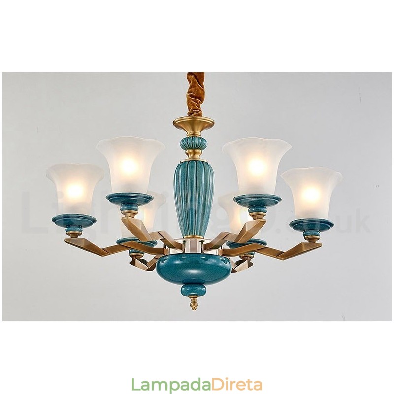 Retro Vintage Latão Cerâmica Pingente Vela Lustre com Tons de Vidro