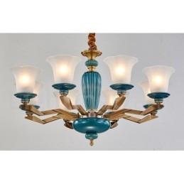 Retro Vintage Latão Cerâmica Pingente Vela Lustre com Tons de Vidro