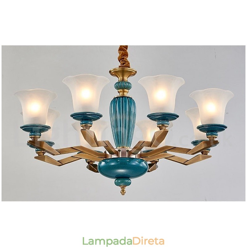 Retro Vintage Latão Cerâmica Pingente Vela Lustre com Tons de Vidro