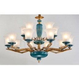 Retro Vintage Latão Cerâmica Pingente Vela Lustre com Tons de Vidro