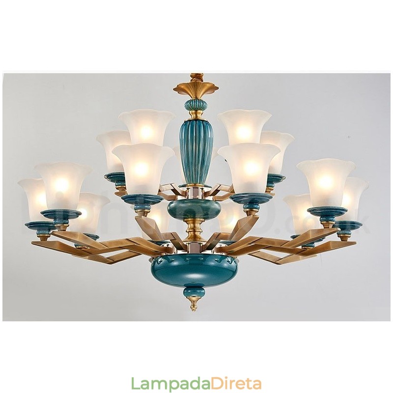 Retro Vintage Latão Cerâmica Pingente Vela Lustre com Tons de Vidro