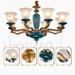 Retro Vintage Latão Cerâmica Pingente Vela Lustre com Tons de Vidro