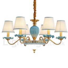 Retro Vintage Latão Cerâmica Pingente Vela Lustre com Tons de Tecido Azul