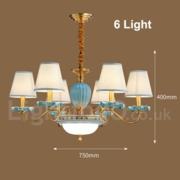 Retro Vintage Latão Cerâmica Pingente Vela Lustre com Tons de Tecido Azul