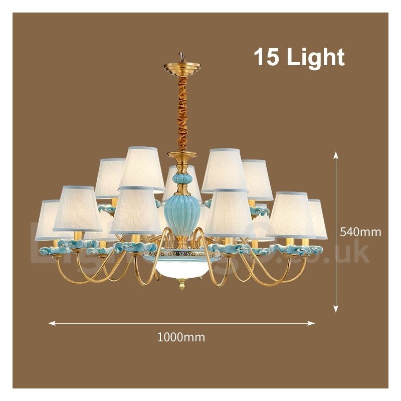 Retro Vintage Latão Cerâmica Pingente Vela Lustre com Tons de Tecido Azul
