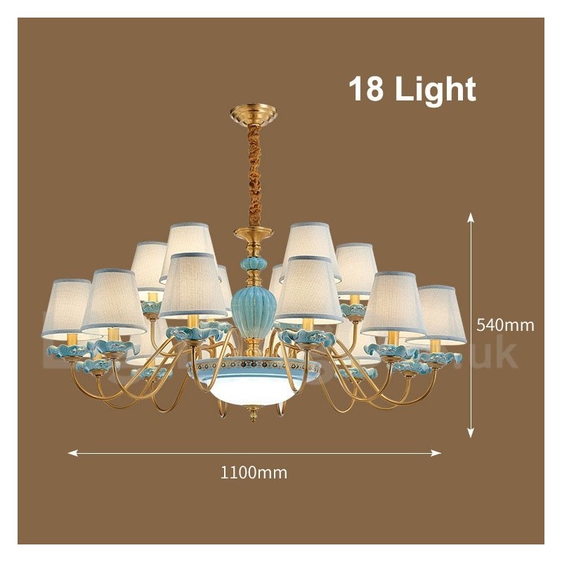 Retro Vintage Latão Cerâmica Pingente Vela Lustre com Tons de Tecido Azul