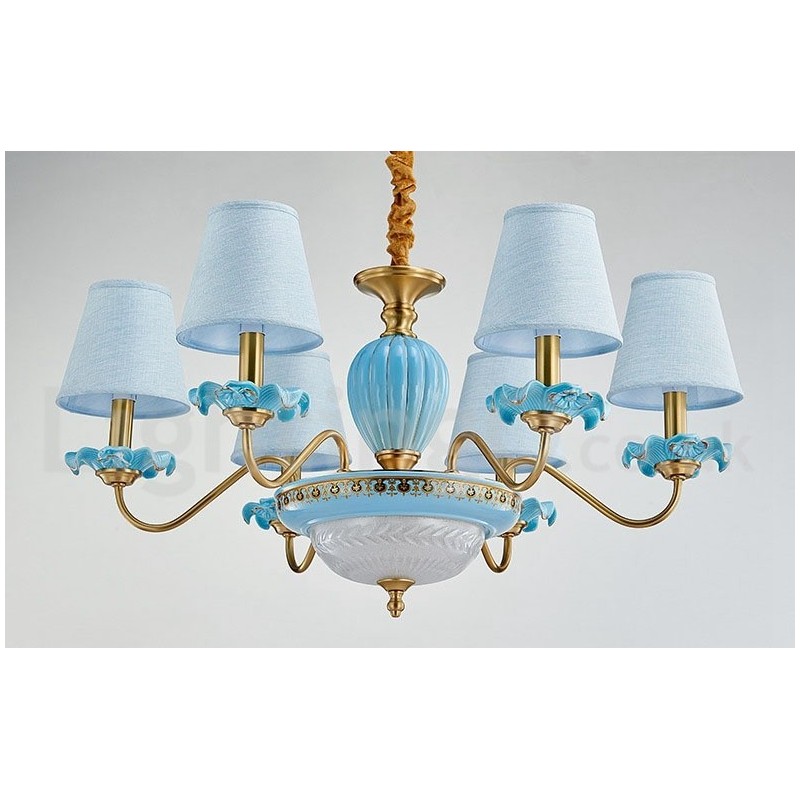 Retro Vintage Latão Cerâmica Pingente Vela Lustre com Tons de Tecido Azul