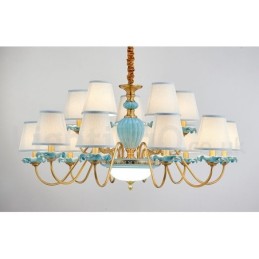 Retro Vintage Latão Cerâmica Pingente Vela Lustre com Tons de Tecido Azul