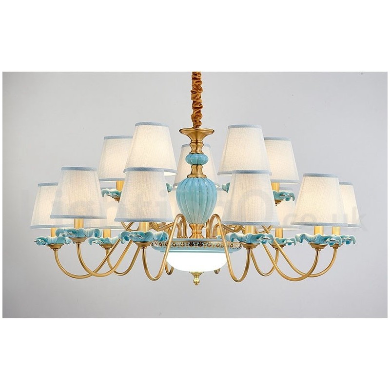 Retro Vintage Latão Cerâmica Pingente Vela Lustre com Tons de Tecido Azul