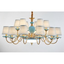 Retro Vintage Latão Cerâmica Pingente Vela Lustre com Tons de Tecido Azul